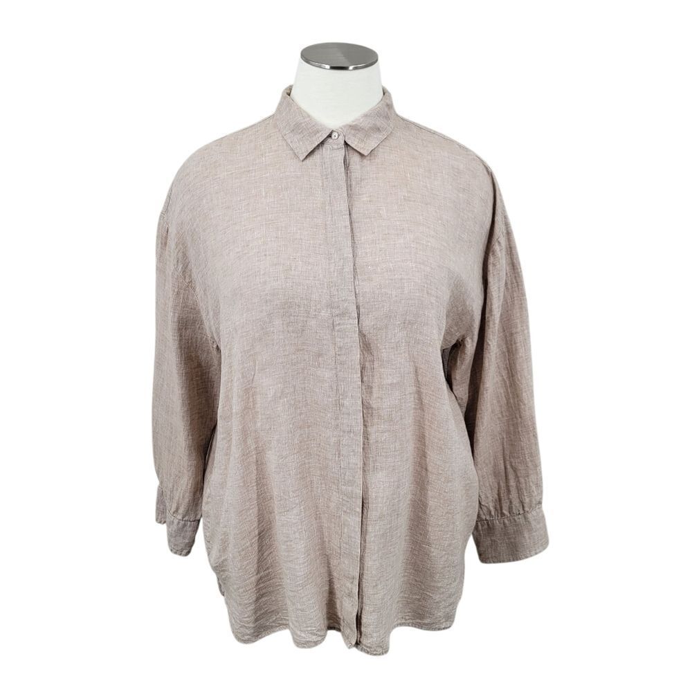 Haven Well Within Linen Beige Casual Button Down Shirt Blouse Long Sleeves